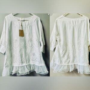 LEMONADE BY SOHOT WOMENS 100% COTTON EYELET TOP WITH ADORABLE RUFFLE HEM SIZE L